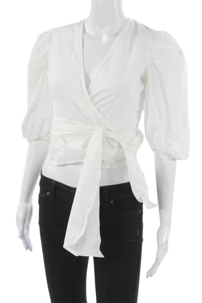 Ganni Womens V-Neck White Cotton Blouse 3/4 Sleeve Designer Size 34