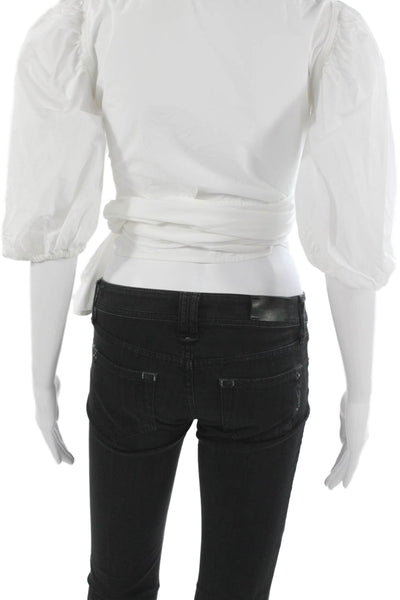 Ganni Womens V-Neck White Cotton Blouse 3/4 Sleeve Designer Size 34