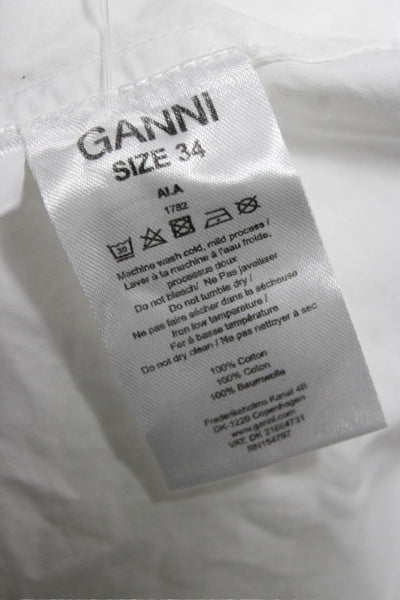 Ganni Womens V-Neck White Cotton Blouse 3/4 Sleeve Designer Size 34