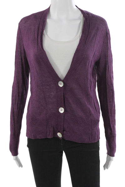 Lafayette 148 New York Women Cardigan Purple V-Neck Button Linen Silk Size S