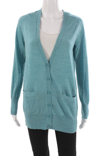 J Crew Womens Light Blue Merino Wool V Neck Button Cardigan Sweater Size S