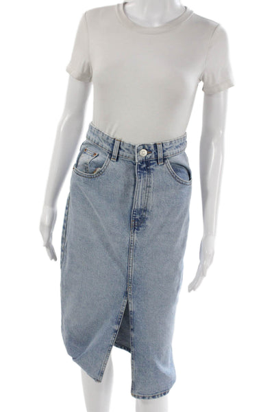 Zara Women Straight Pencil Midi Skirt Blue Button Cotton Size XS