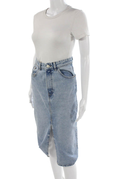 Zara Women Straight Pencil Midi Skirt Blue Button Cotton Size XS