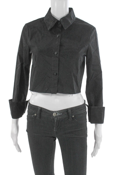 Choosy Women Cropped Black Cotton Collared Long Sleeve Button-Up Top Size S