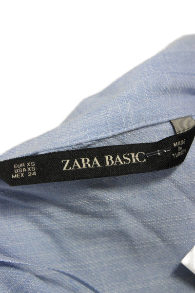 Zara Womens Basic Collared Button Viscose Blouse Light Blue Long Sleeve Size XS
