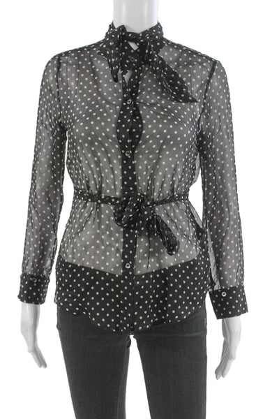 TWP Womens Silk Polka Dot Collared Long Sleeve Button Blouse Black Size XS
