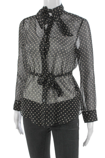 TWP Womens Silk Polka Dot Collared Long Sleeve Button Blouse Black Size XS