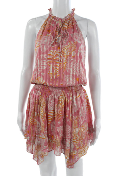 Ramy Brook Women Pink Silk Halter Mini Dress Tropical Tie Back Petite Size S