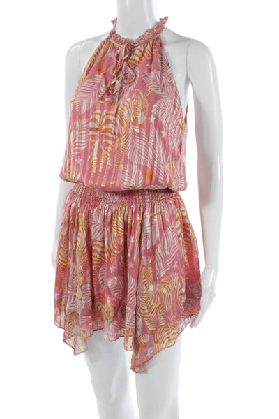 Ramy Brook Women Pink Silk Halter Mini Dress Tropical Tie Back Petite Size S