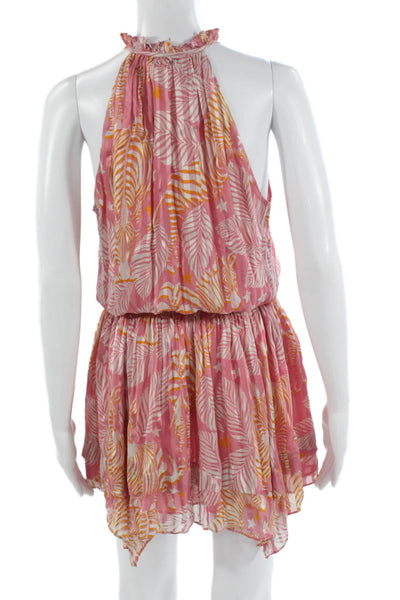 Ramy Brook Women Pink Silk Halter Mini Dress Tropical Tie Back Petite Size S