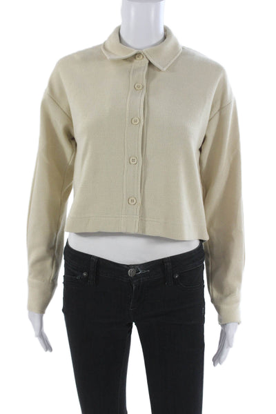 Monrow Women Cropped Button-Up Collared Long Sleeve Beige Top Size XS