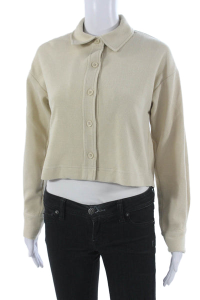 Monrow Women Cropped Button-Up Collared Long Sleeve Beige Top Size XS