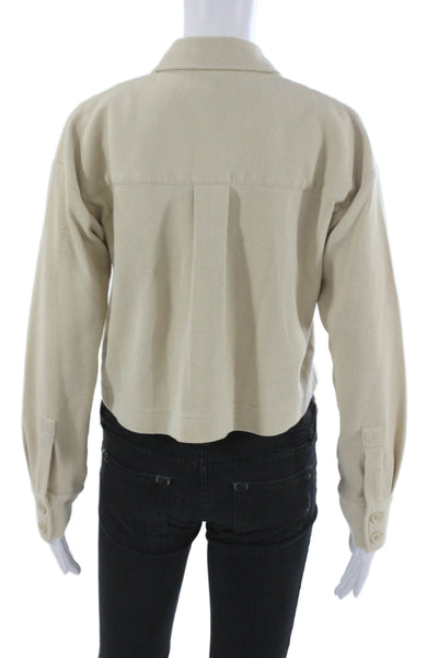 Monrow Women Cropped Button-Up Collared Long Sleeve Beige Top Size XS