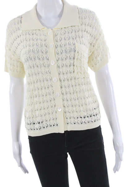 LNA Womens Collared Geometric Cardigan Ivory Viscose Short Sleeve Size M