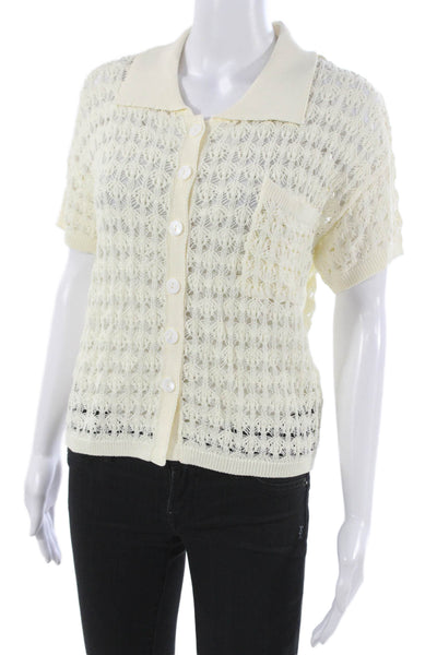 LNA Womens Collared Geometric Cardigan Ivory Viscose Short Sleeve Size M