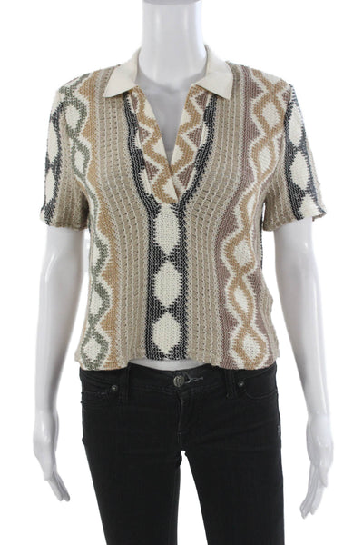 Zara Womens Basic Polo Collared Short Sleeve Beige Cotton Geometric Size M