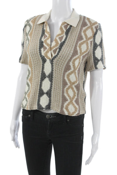Zara Womens Basic Polo Collared Short Sleeve Beige Cotton Geometric Size M