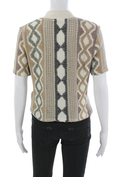 Zara Womens Basic Polo Collared Short Sleeve Beige Cotton Geometric Size M