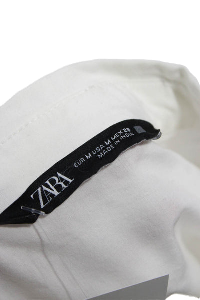 Zara Women White Collared Cotton Button Up Tunic Dress Long Sleeve Size M
