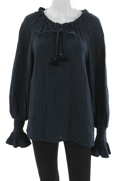 Figue Women Organic Cotton Blue Tunic Blouse Long Sleeve Tie Size S
