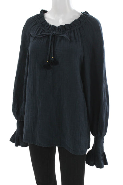 Figue Women Organic Cotton Blue Tunic Blouse Long Sleeve Tie Size S