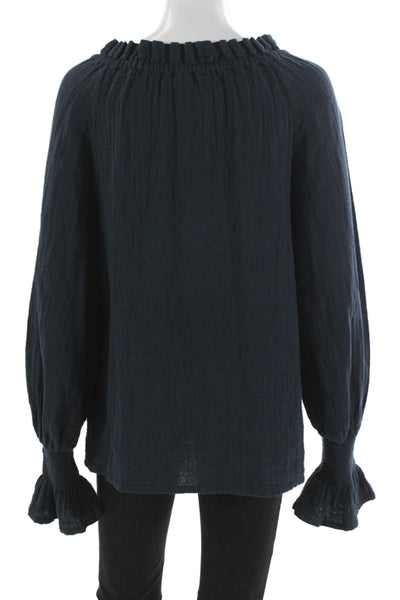 Figue Women Organic Cotton Blue Tunic Blouse Long Sleeve Tie Size S