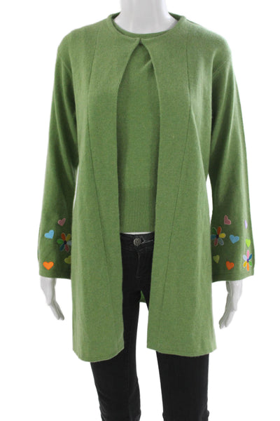 Carolyn Rowan Womens Cashmere Cardigan Green Hearts Long Sleeve Size L