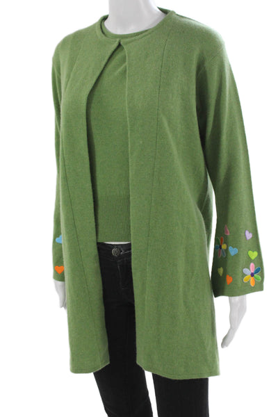 Carolyn Rowan Womens Cashmere Cardigan Green Hearts Long Sleeve Size L