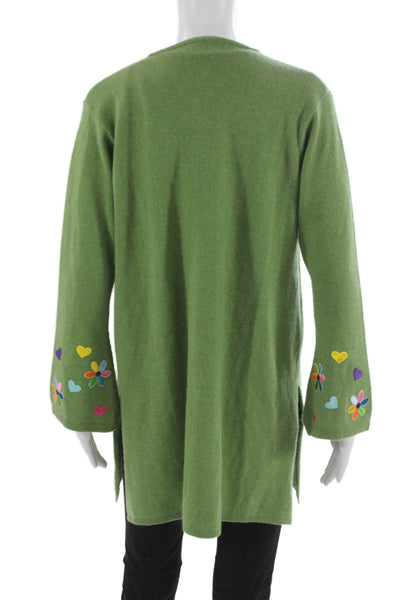 Carolyn Rowan Womens Cashmere Cardigan Green Hearts Long Sleeve Size L