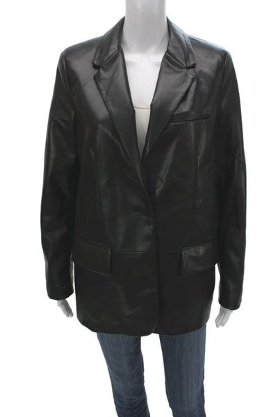 Zara Women Black Collared Button Blazer Long Sleeve Polyurethane Size M