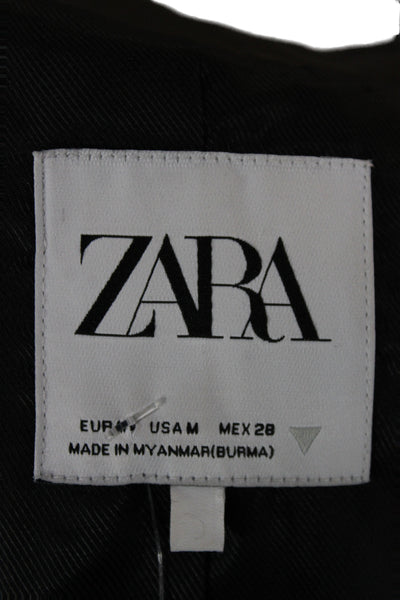Zara Women Black Collared Button Blazer Long Sleeve Polyurethane Size M