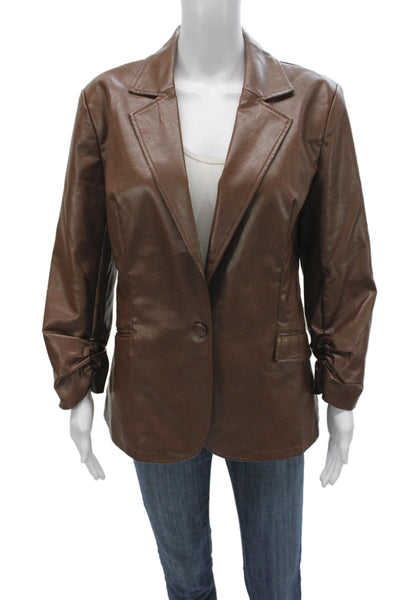 six/fifty Womens Classic Brown Collared Button Blazer Long Sleeve Size L