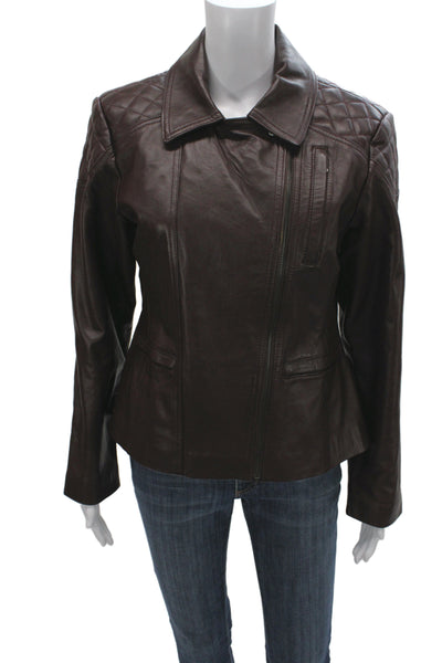 Designer Women Quilted Leather Motorcycle Jacket Brown Collared Zip Size L