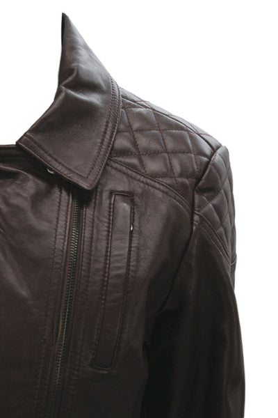 Designer Women Quilted Leather Motorcycle Jacket Brown Collared Zip Size L