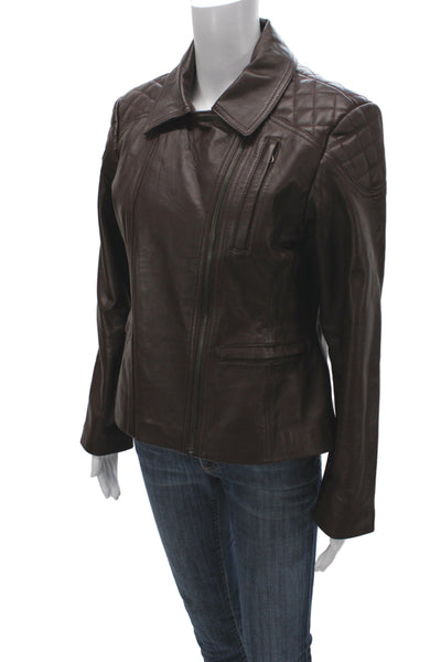 Designer Women Quilted Leather Motorcycle Jacket Brown Collared Zip Size L