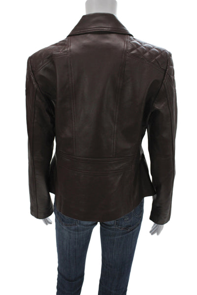 Designer Women Quilted Leather Motorcycle Jacket Brown Collared Zip Size L