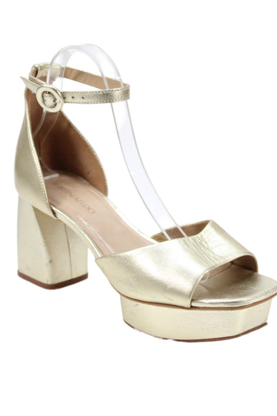 Bernardo Womens Leather Platform Ankle Strap Sandal Heels Gold Size 7 Medium