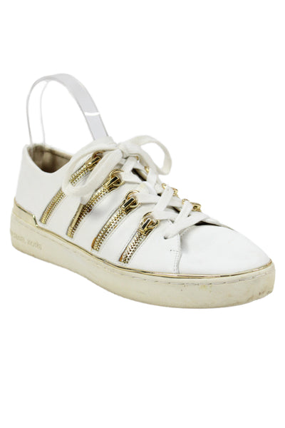 Michael Michael Kors Womens Leather Zipper Sneakers White Gold Size 7.5 Medium