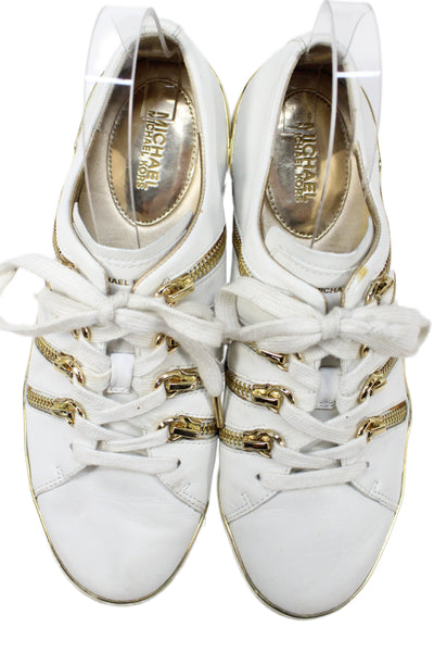 Michael Michael Kors Womens Leather Zipper Sneakers White Gold Size 7.5 Medium