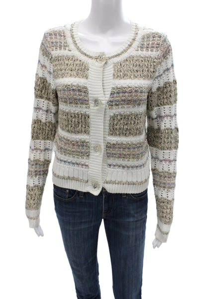 Ramy Brook Unisex Beige Striped Cotton Cardigan Button Long Sleeve Size XS