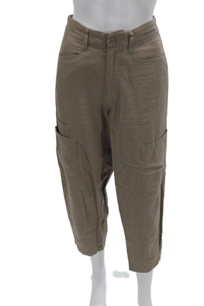Le Jean Unisex Capri Cargo Cropped Pants Brown Linen Viscose Button Size 25