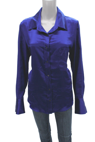 Kes Women Collared Silk Button-Up Blouse Long Sleeve Blue Classic Fall Size L