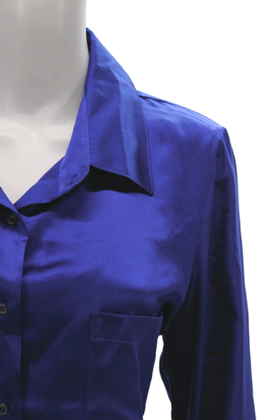 Kes Women Collared Silk Button-Up Blouse Long Sleeve Blue Classic Fall Size L