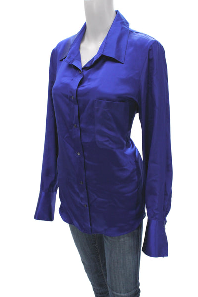 Kes Women Collared Silk Button-Up Blouse Long Sleeve Blue Classic Fall Size L