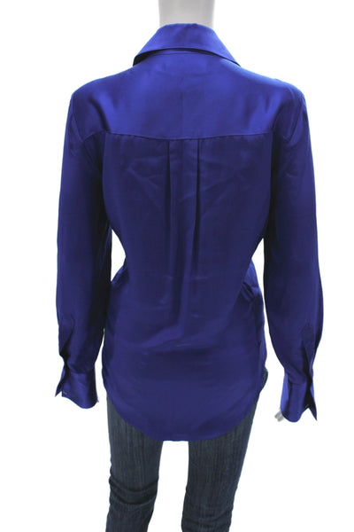 Kes Women Collared Silk Button-Up Blouse Long Sleeve Blue Classic Fall Size L