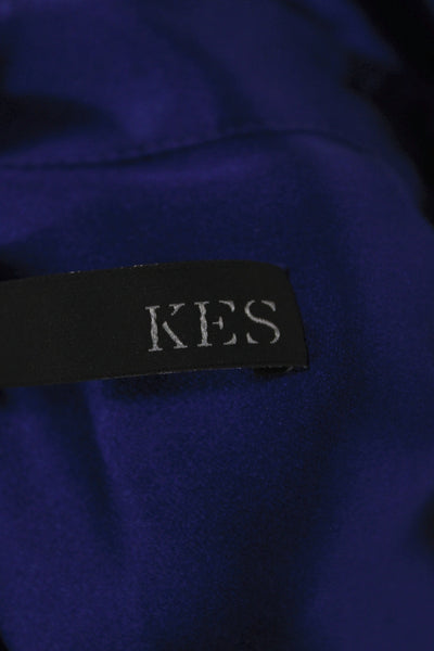 Kes Women Collared Silk Button-Up Blouse Long Sleeve Blue Classic Fall Size L