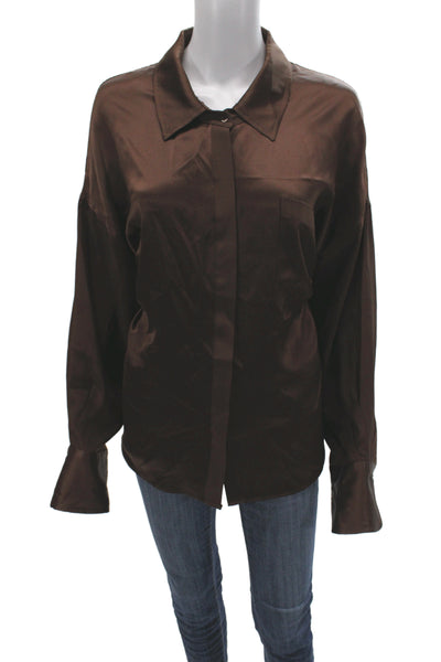Kes Womens Collared Button-Up Brown Long Sleeve Blouse Classic Fall Size M