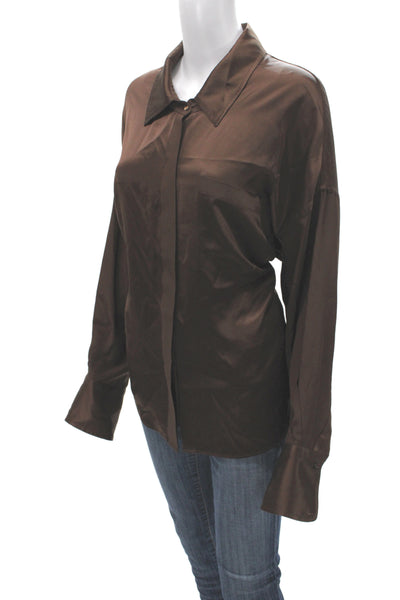 Kes Womens Collared Button-Up Brown Long Sleeve Blouse Classic Fall Size M
