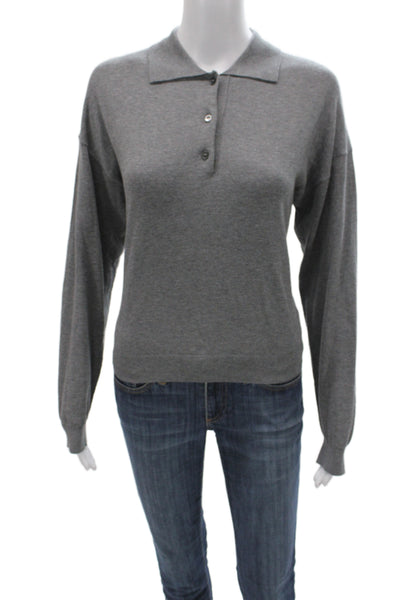 Massimo Dutti Women Collared Button Pullover Gray Cotton Long Sleeve Size M