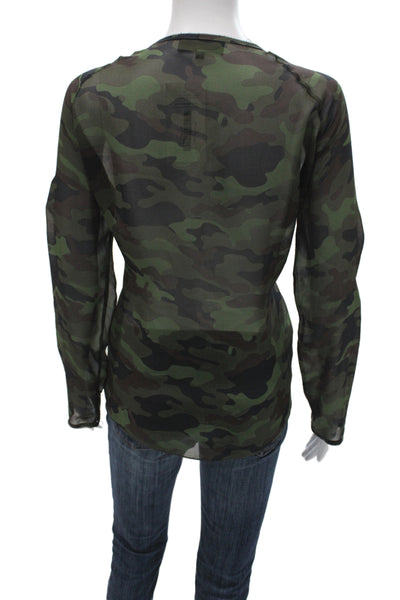 Nili Lotan Womens Silk Camouflage Round Neck Long Sleeve Top Size M